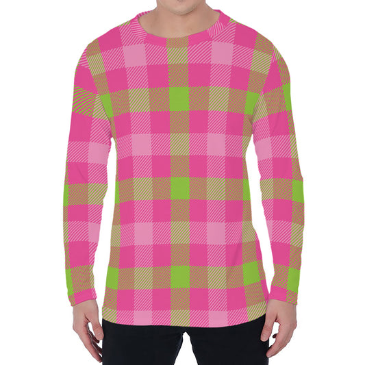 Green And Pink Buffalo Plaid Print Men's Long Sleeve T-Shirt