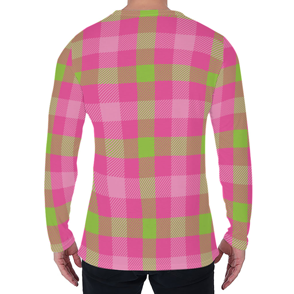 Green And Pink Buffalo Plaid Print Men's Long Sleeve T-Shirt