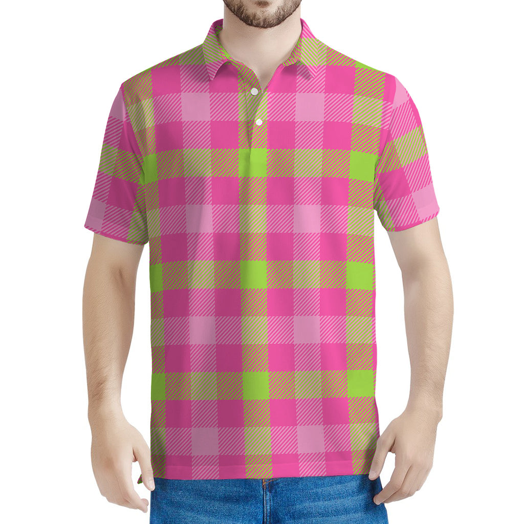 Green And Pink Buffalo Plaid Print Men's Polo Shirt