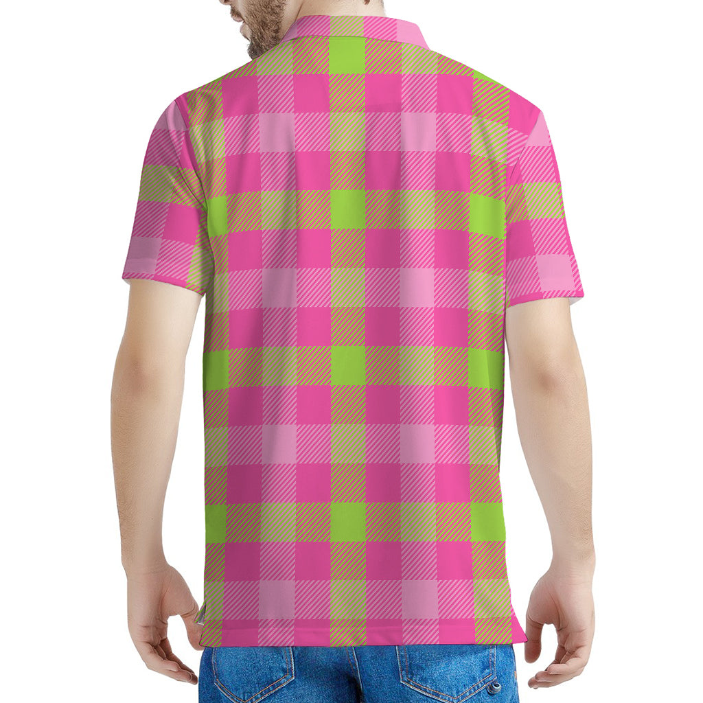 Green And Pink Buffalo Plaid Print Men's Polo Shirt