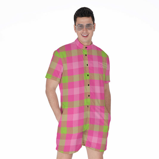 Green And Pink Buffalo Plaid Print Men's Rompers