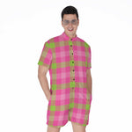 Green And Pink Buffalo Plaid Print Men's Rompers