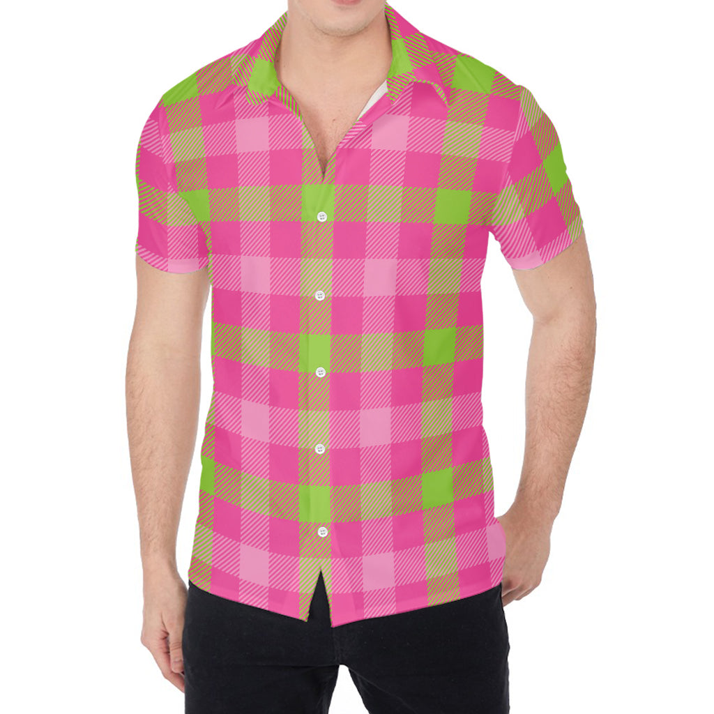 Green And Pink Buffalo Plaid Print Men's Shirt