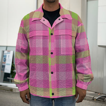 Green And Pink Buffalo Plaid Print Men's Shirt Jacket