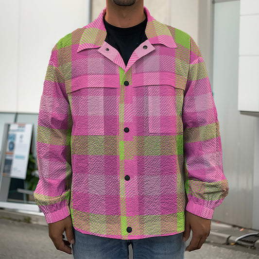 Green And Pink Buffalo Plaid Print Men's Shirt Jacket
