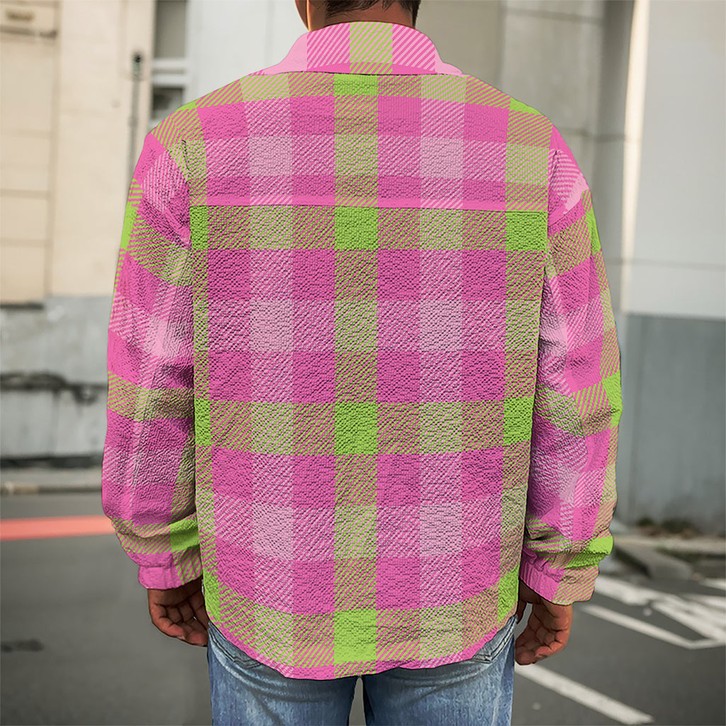 Green And Pink Buffalo Plaid Print Men's Shirt Jacket