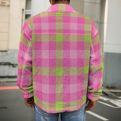 Green And Pink Buffalo Plaid Print Men's Shirt Jacket
