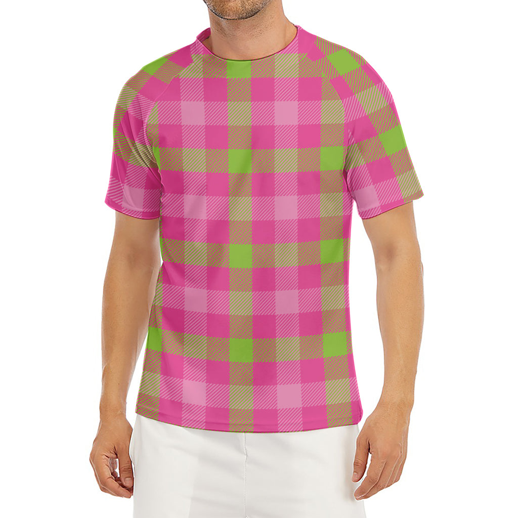 Green And Pink Buffalo Plaid Print Men's Short Sleeve Rash Guard