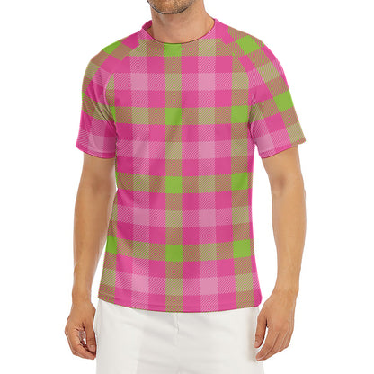 Green And Pink Buffalo Plaid Print Men's Short Sleeve Rash Guard