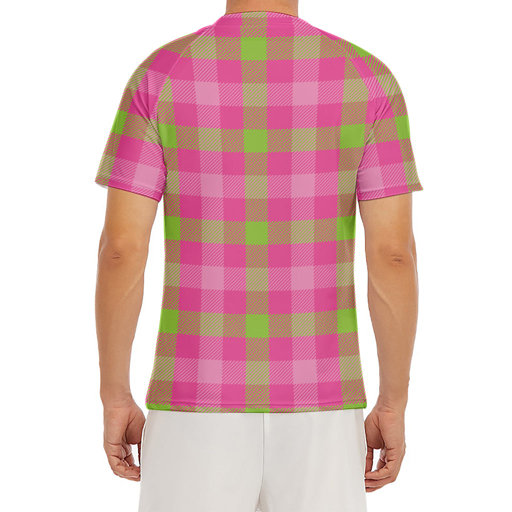 Green And Pink Buffalo Plaid Print Men's Short Sleeve Rash Guard