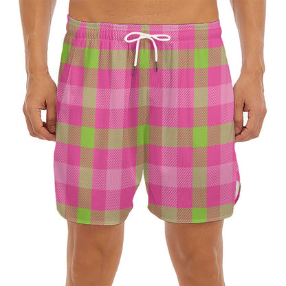 Green And Pink Buffalo Plaid Print Men's Split Running Shorts