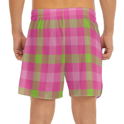 Green And Pink Buffalo Plaid Print Men's Split Running Shorts