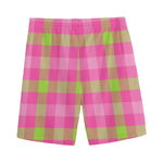 Green And Pink Buffalo Plaid Print Men's Sports Shorts