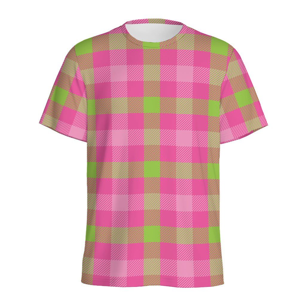 Green And Pink Buffalo Plaid Print Men's Sports T-Shirt