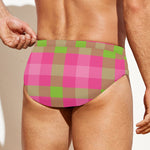 Green And Pink Buffalo Plaid Print Men's Swim Briefs