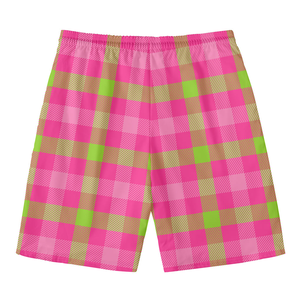 Green And Pink Buffalo Plaid Print Men's Swim Trunks