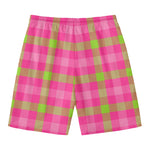 Green And Pink Buffalo Plaid Print Men's Swim Trunks