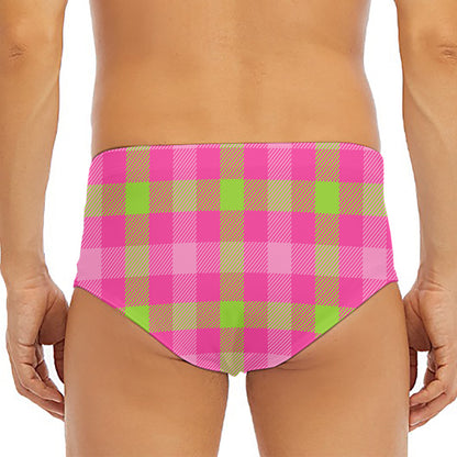 Green And Pink Buffalo Plaid Print Men's Triangle Swim Briefs