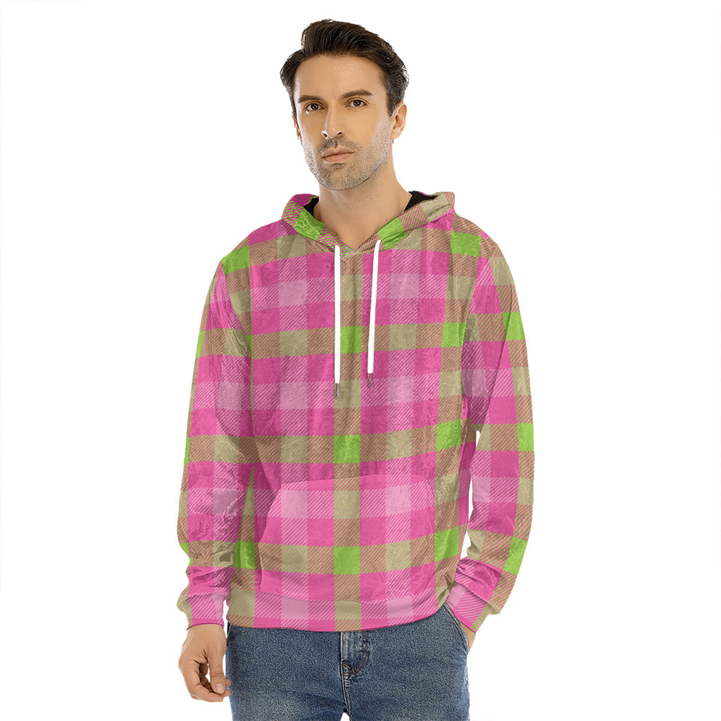 Green And Pink Buffalo Plaid Print Men's Velvet Pullover Hoodie