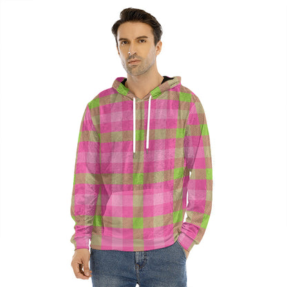 Green And Pink Buffalo Plaid Print Men's Velvet Pullover Hoodie