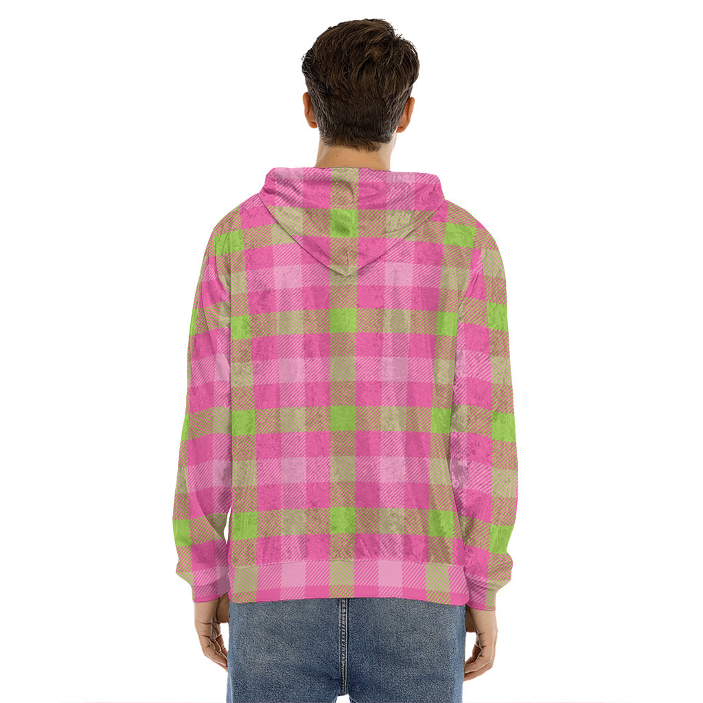 Green And Pink Buffalo Plaid Print Men's Velvet Pullover Hoodie
