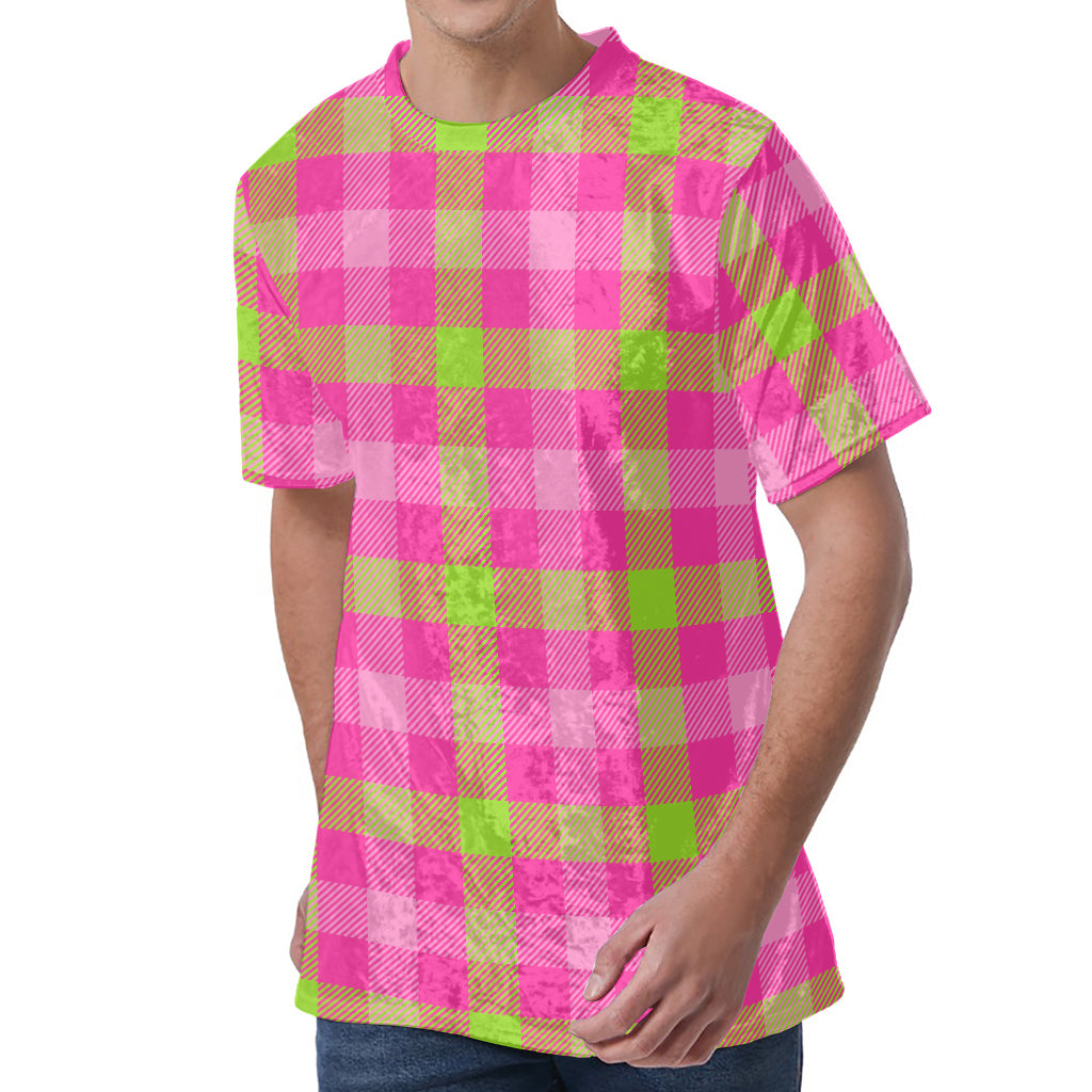 Green And Pink Buffalo Plaid Print Men's Velvet T-Shirt