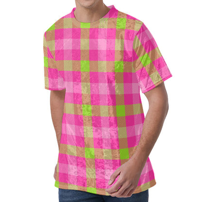 Green And Pink Buffalo Plaid Print Men's Velvet T-Shirt