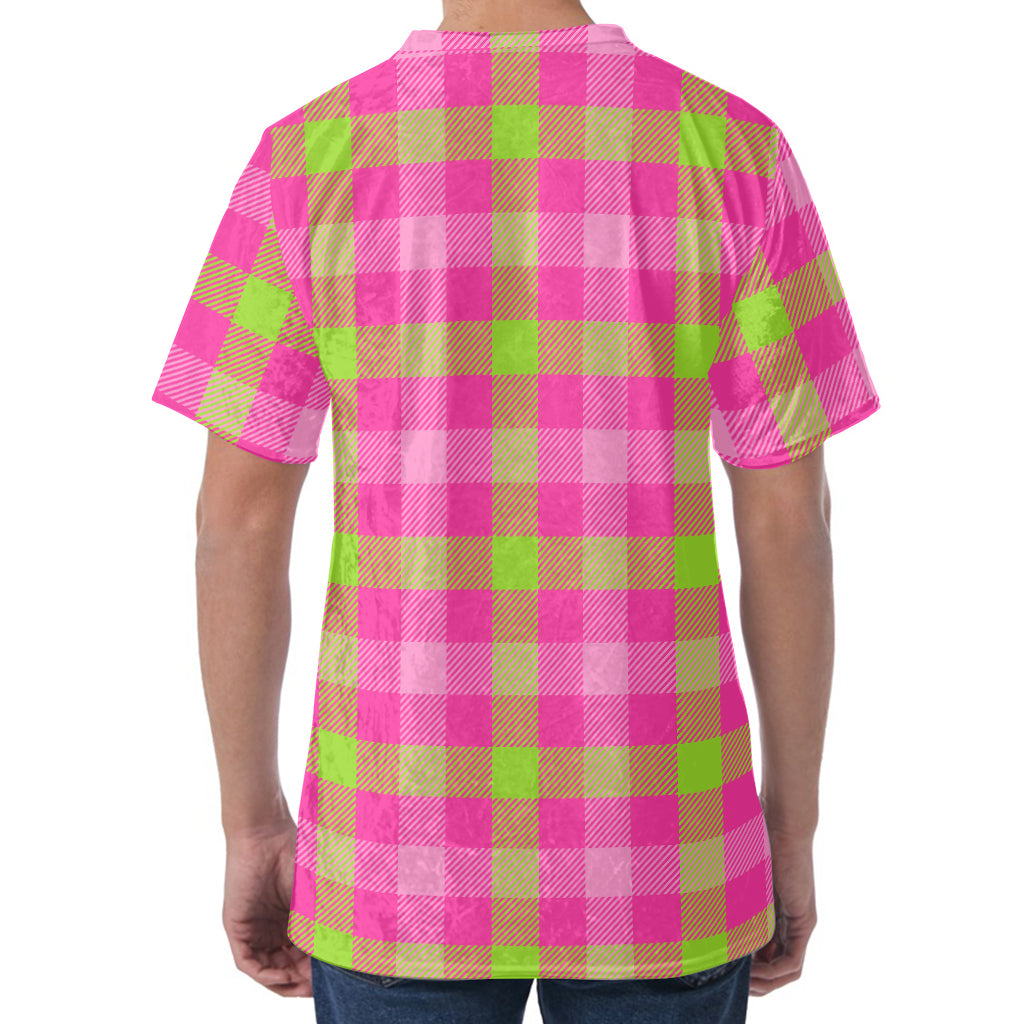 Green And Pink Buffalo Plaid Print Men's Velvet T-Shirt