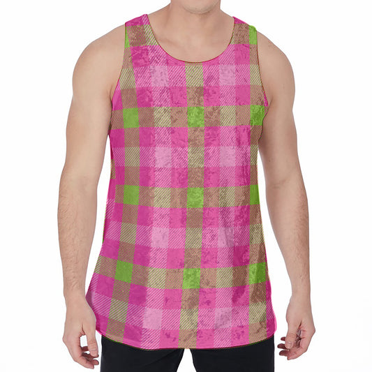 Green And Pink Buffalo Plaid Print Men's Velvet Tank Top