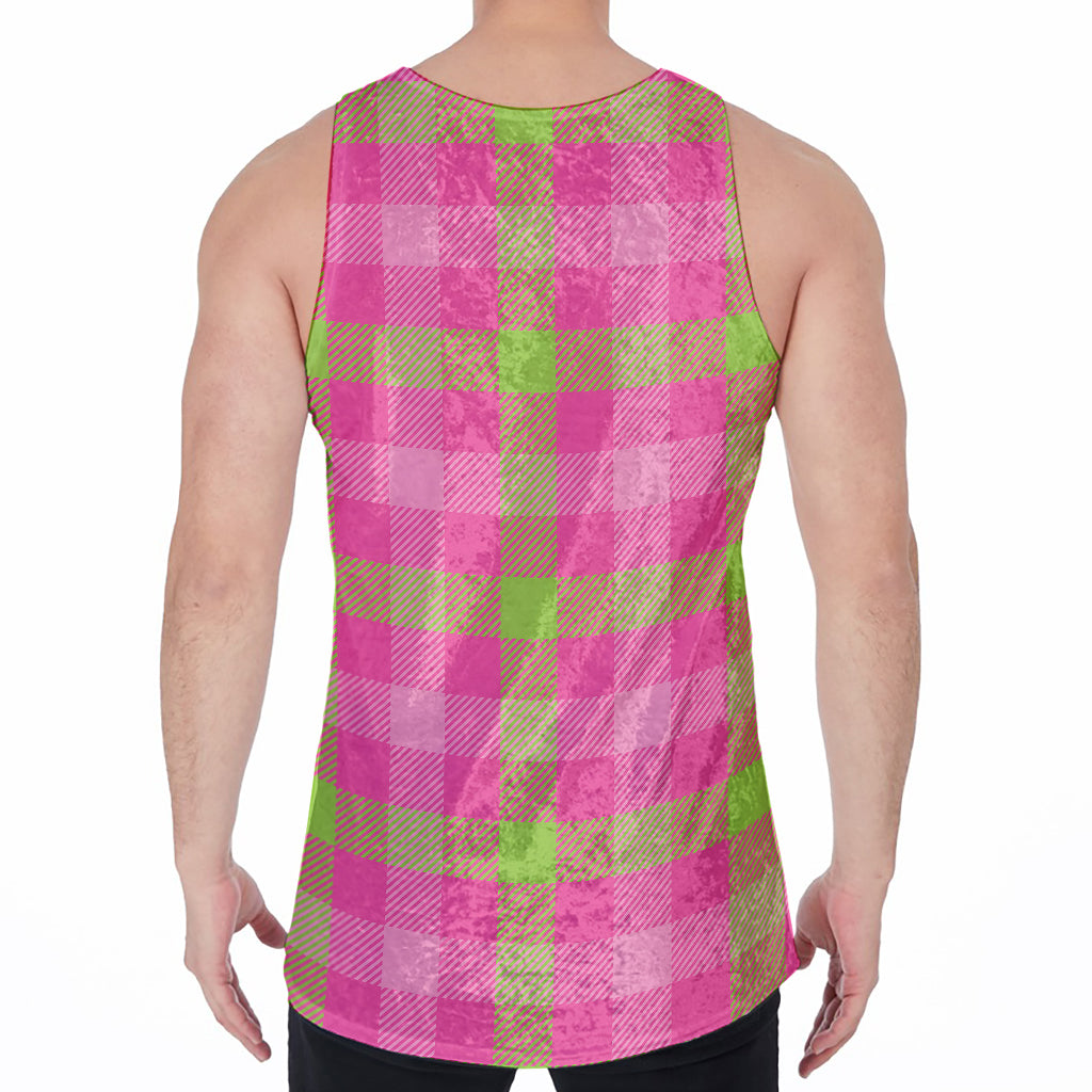 Green And Pink Buffalo Plaid Print Men's Velvet Tank Top