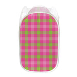 Green And Pink Buffalo Plaid Print Mesh Laundry Hamper