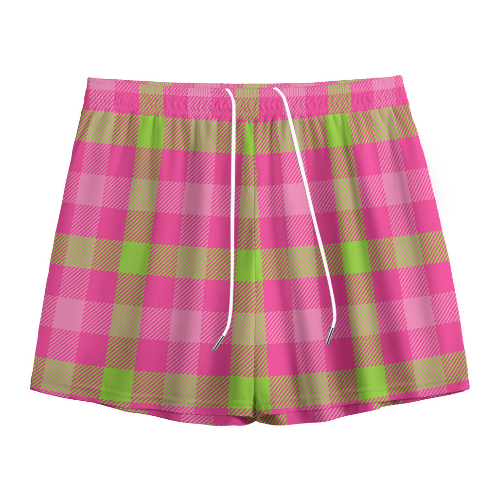 Green And Pink Buffalo Plaid Print Mesh Shorts