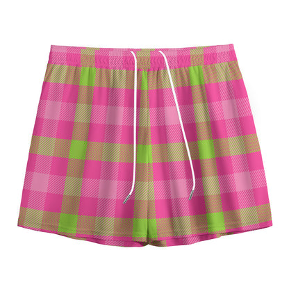 Green And Pink Buffalo Plaid Print Mesh Shorts