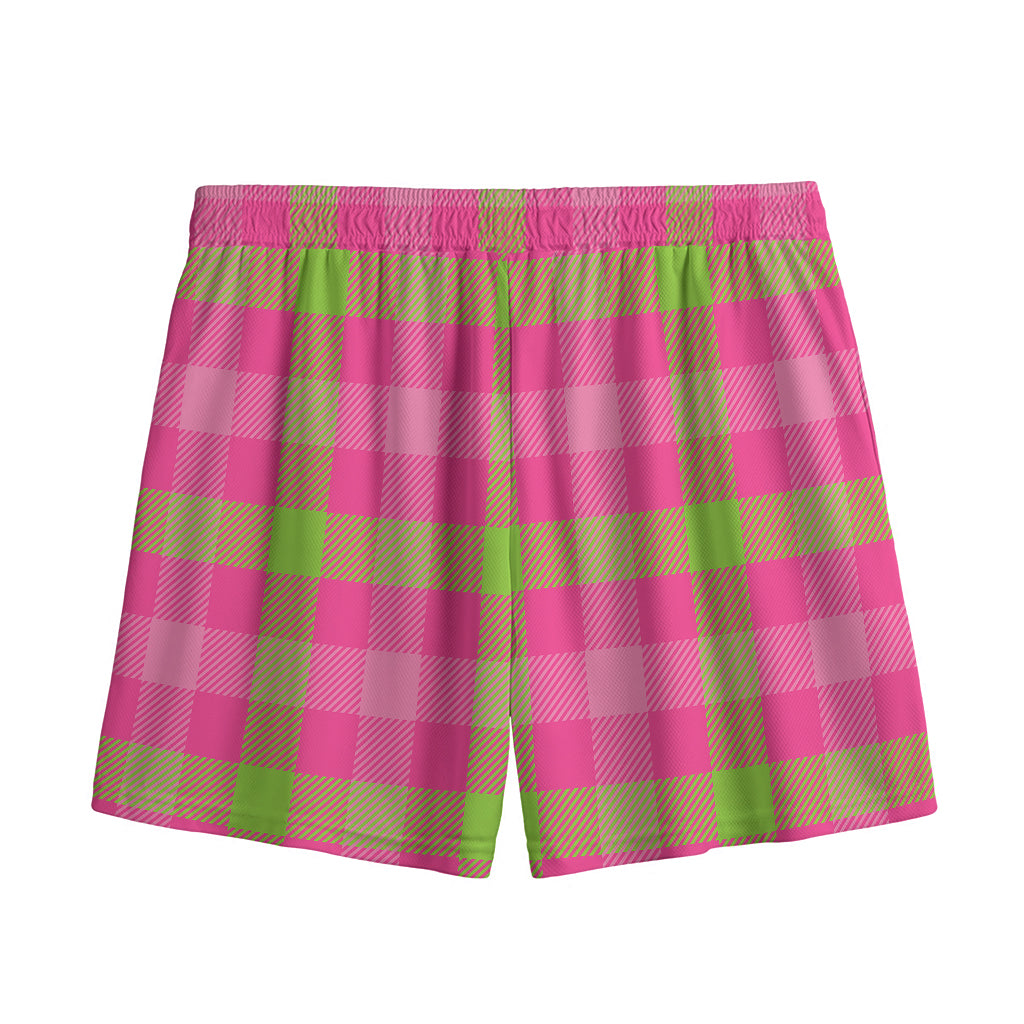Green And Pink Buffalo Plaid Print Mesh Shorts