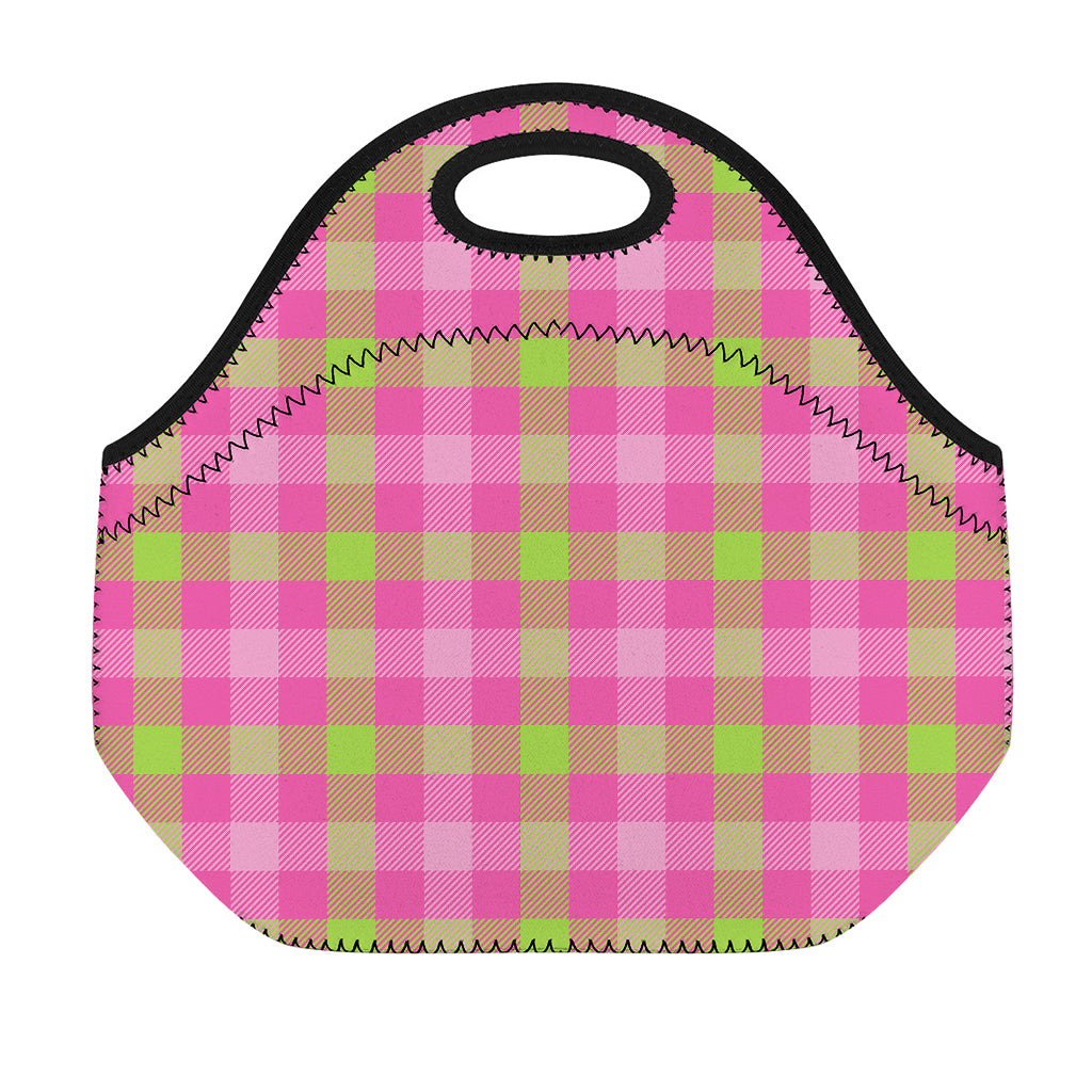 Green And Pink Buffalo Plaid Print Neoprene Lunch Bag