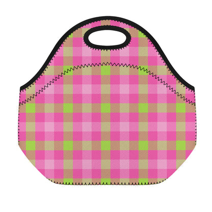 Green And Pink Buffalo Plaid Print Neoprene Lunch Bag