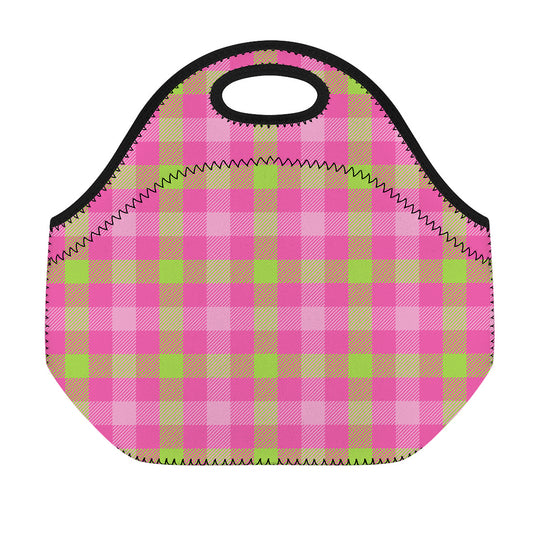 Green And Pink Buffalo Plaid Print Neoprene Lunch Bag