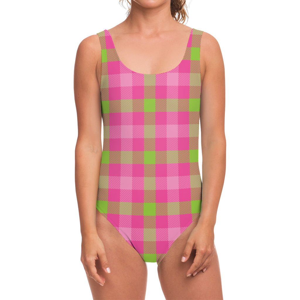 Green And Pink Buffalo Plaid Print One Piece Swimsuit
