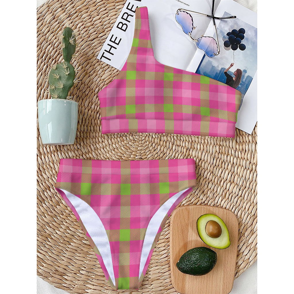 Green And Pink Buffalo Plaid Print One Shoulder Bikini Top