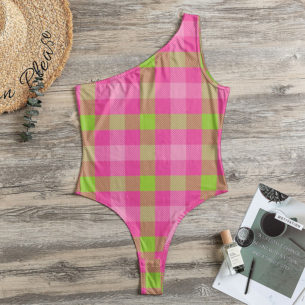 Green And Pink Buffalo Plaid Print One Shoulder Bodysuit