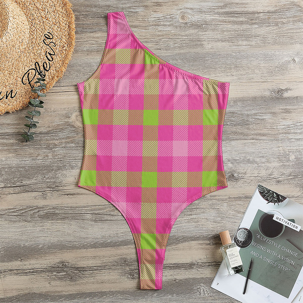 Green And Pink Buffalo Plaid Print One Shoulder Bodysuit
