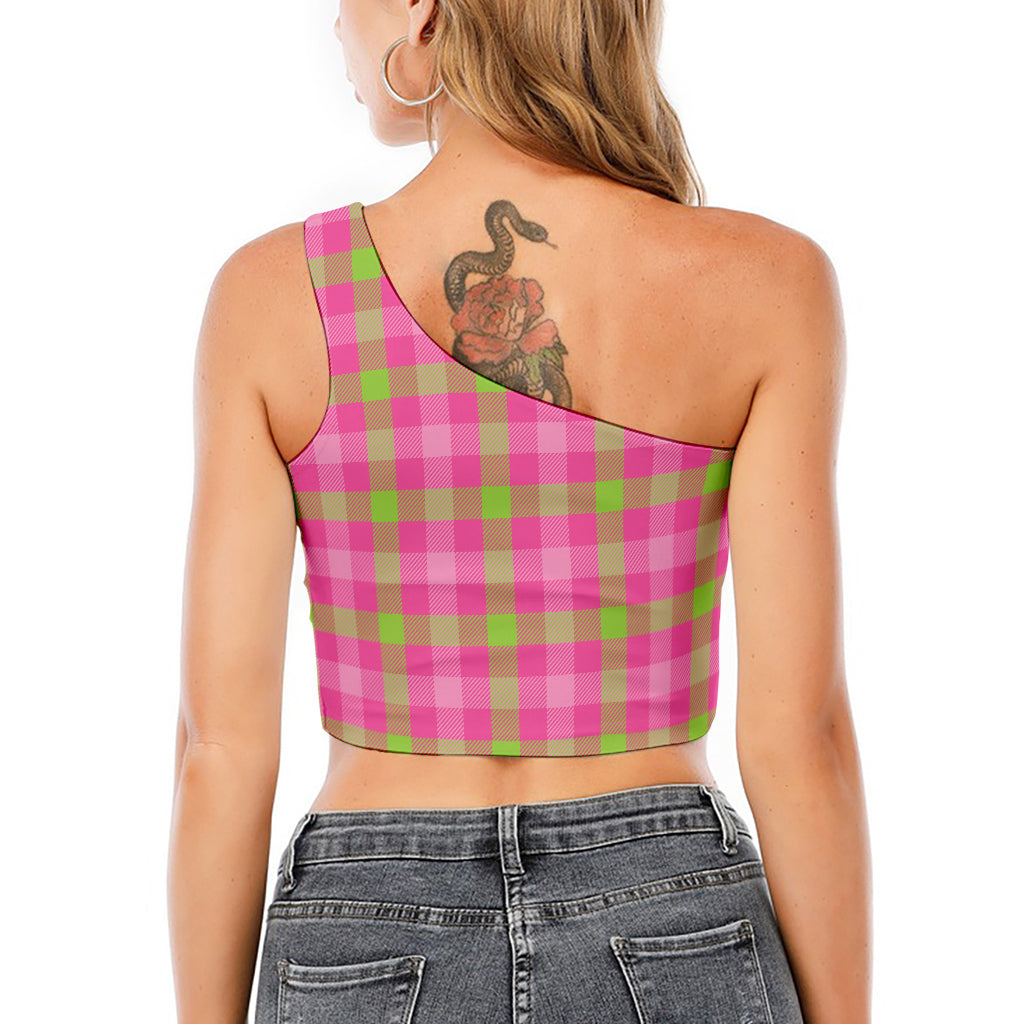 Green And Pink Buffalo Plaid Print One Shoulder Crop Top