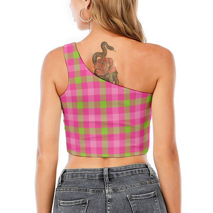 Green And Pink Buffalo Plaid Print One Shoulder Crop Top