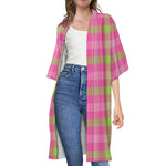 Green And Pink Buffalo Plaid Print Open Front Beach Cover Up