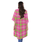 Green And Pink Buffalo Plaid Print Open Front Beach Cover Up
