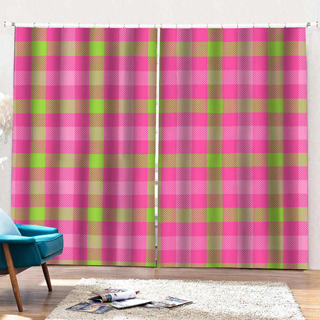 Green And Pink Buffalo Plaid Print Pencil Pleat Curtains