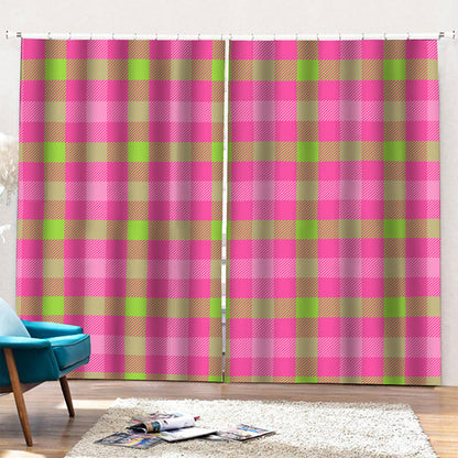 Green And Pink Buffalo Plaid Print Pencil Pleat Curtains