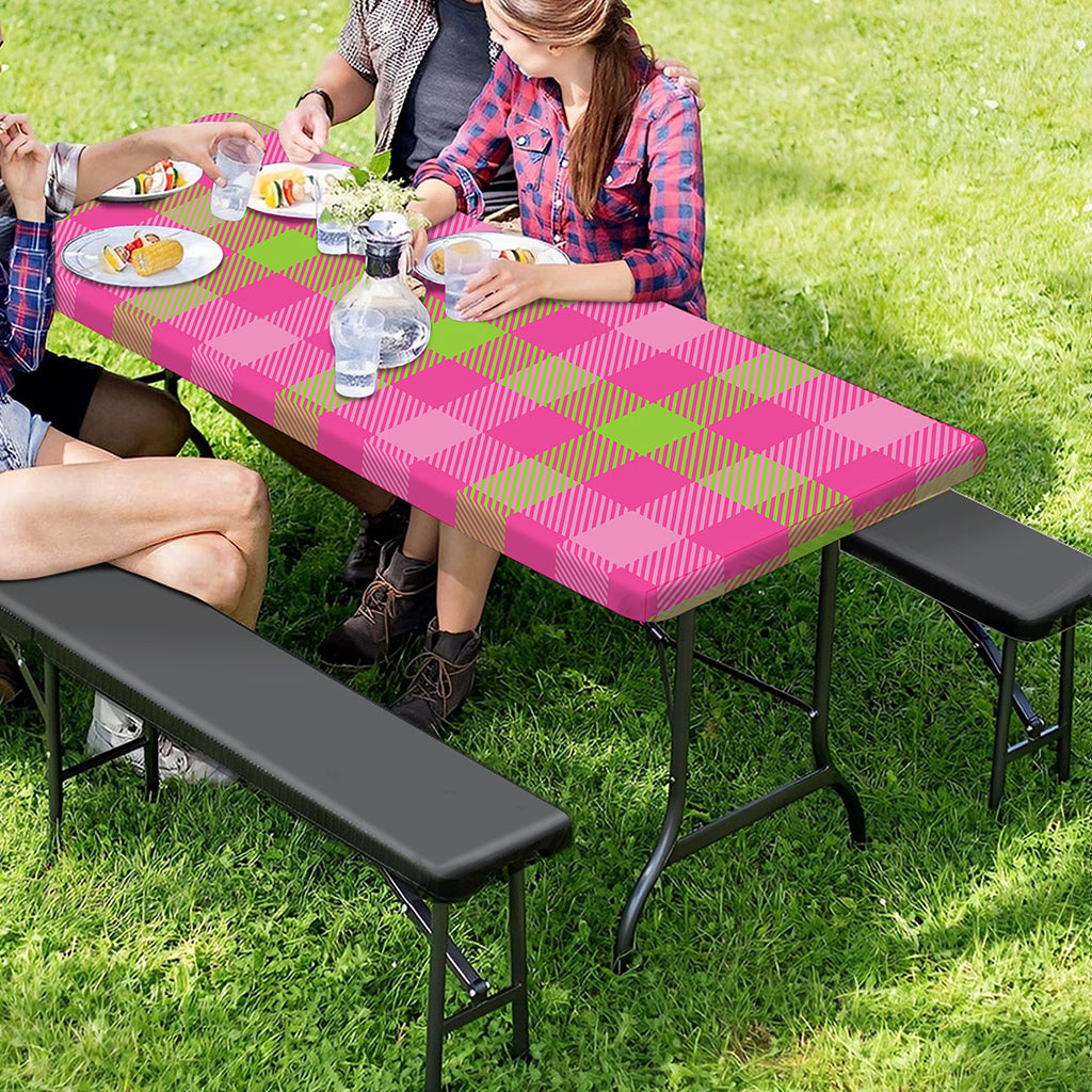 Green And Pink Buffalo Plaid Print Picnic Table Cover
