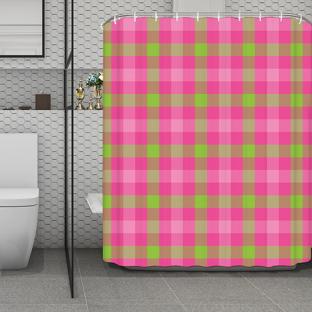 Green And Pink Buffalo Plaid Print Polyester Shower Curtain