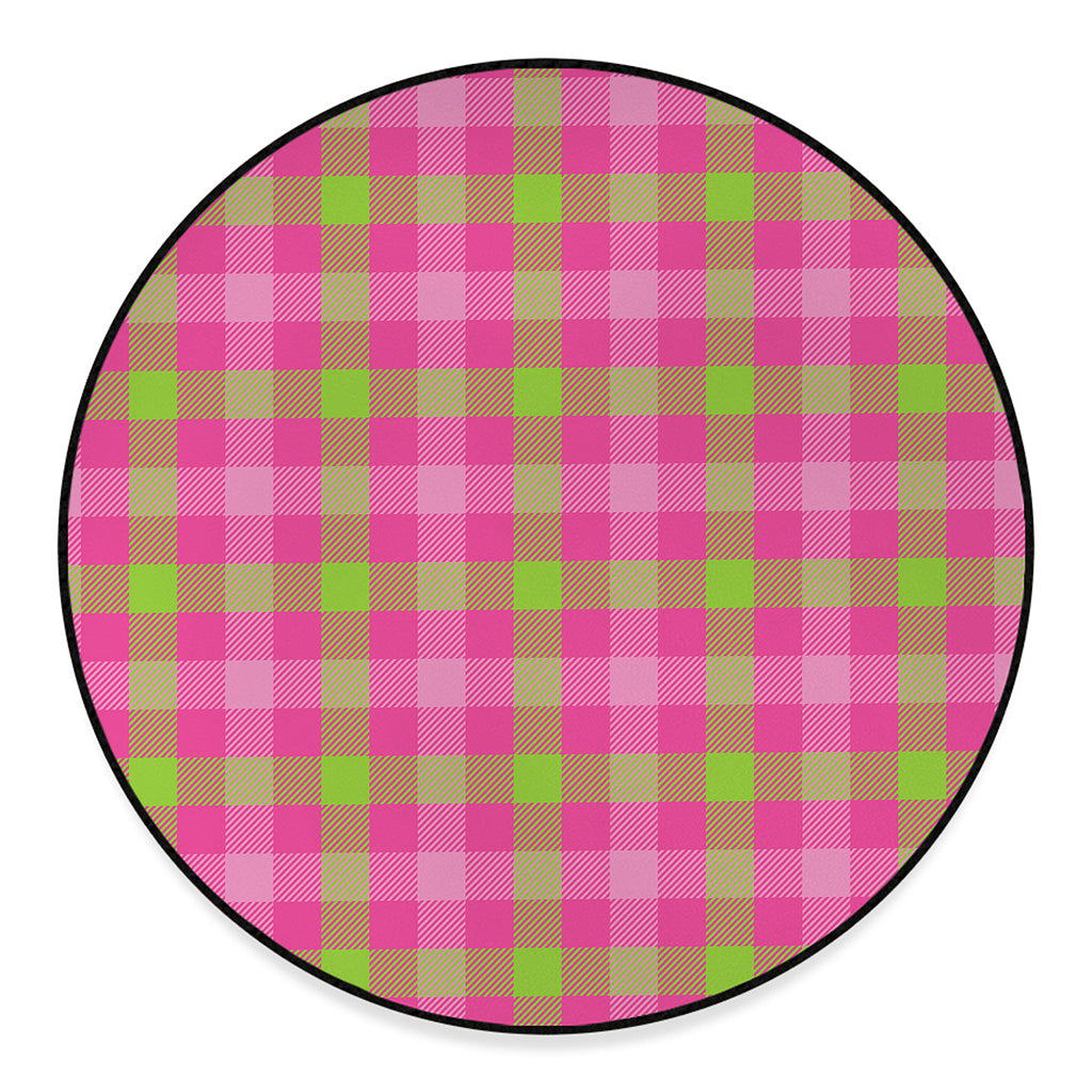 Green And Pink Buffalo Plaid Print Round Floor Mat